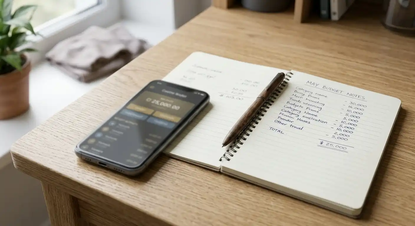 Smartphone mit neutraler Wallet-Ansicht und Budgetnotiz