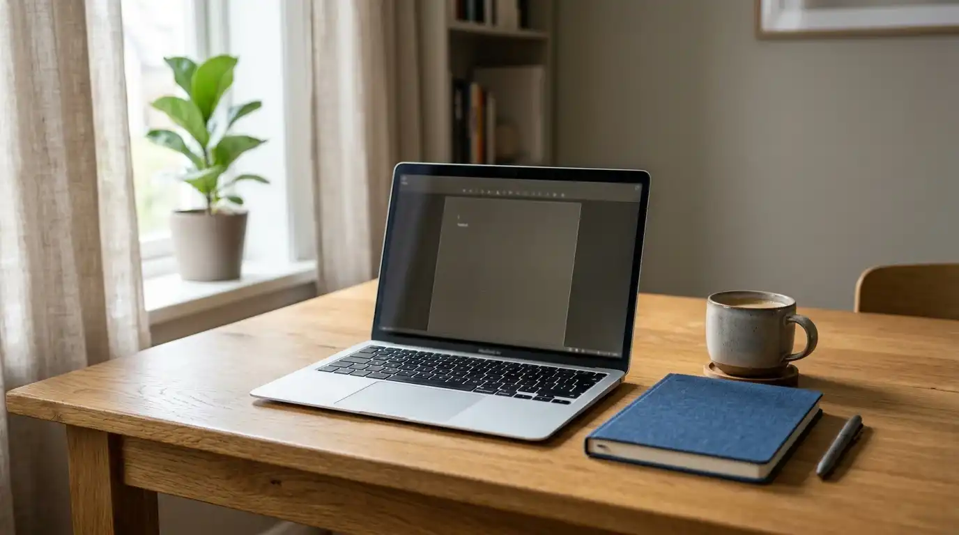 Aufgeräumter Arbeitsplatz mit Laptop und Notizen zum Startguthaben ohne Einzahlung