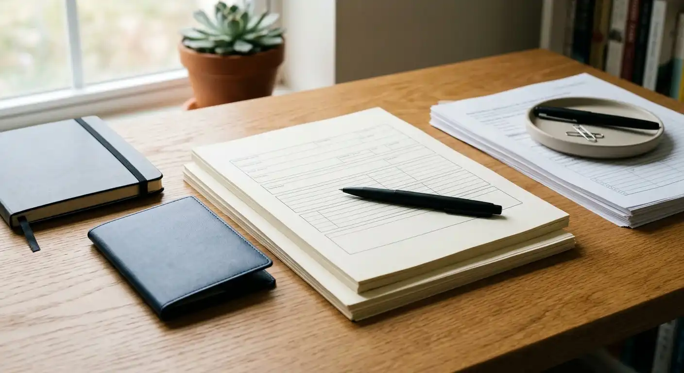 Ordentlich sortierte Antragsunterlagen mit Stift und Pass
