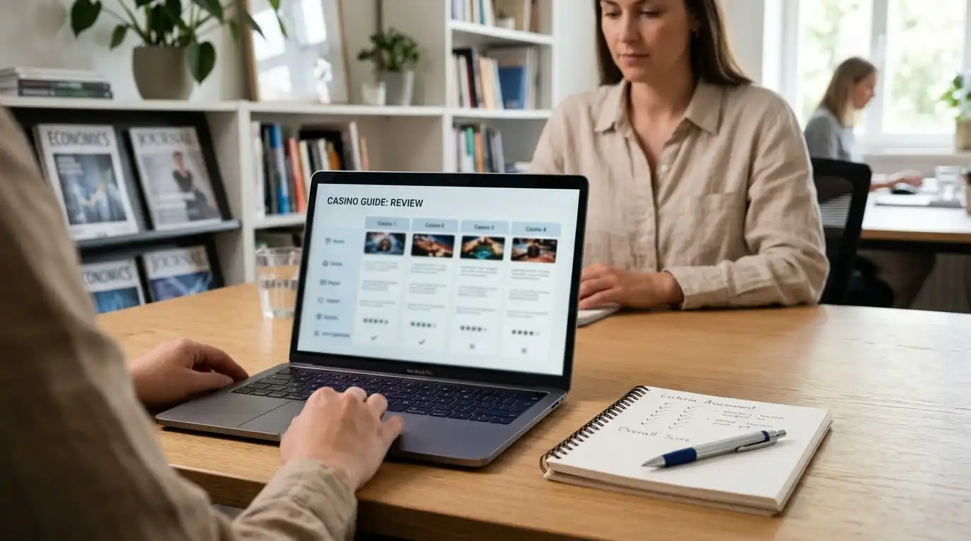 Neutraler Vergleich mehrerer Casino-Profile an einem Laptop ohne sichtbare Marken