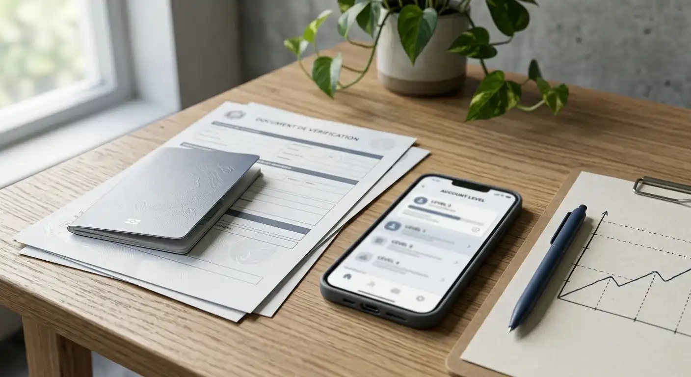 Übersichtliche Dokumente zu KYC-Stufen und Wallet-Limits auf einem Schreibtisch