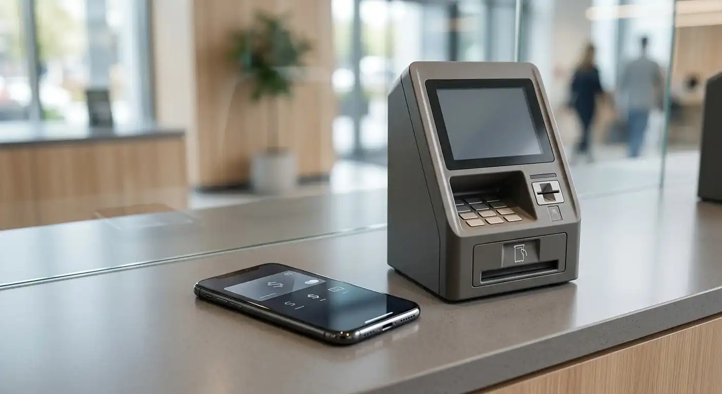 Smartphone mit digitalem Wallet neben einem neutralen Bargeld-Terminal