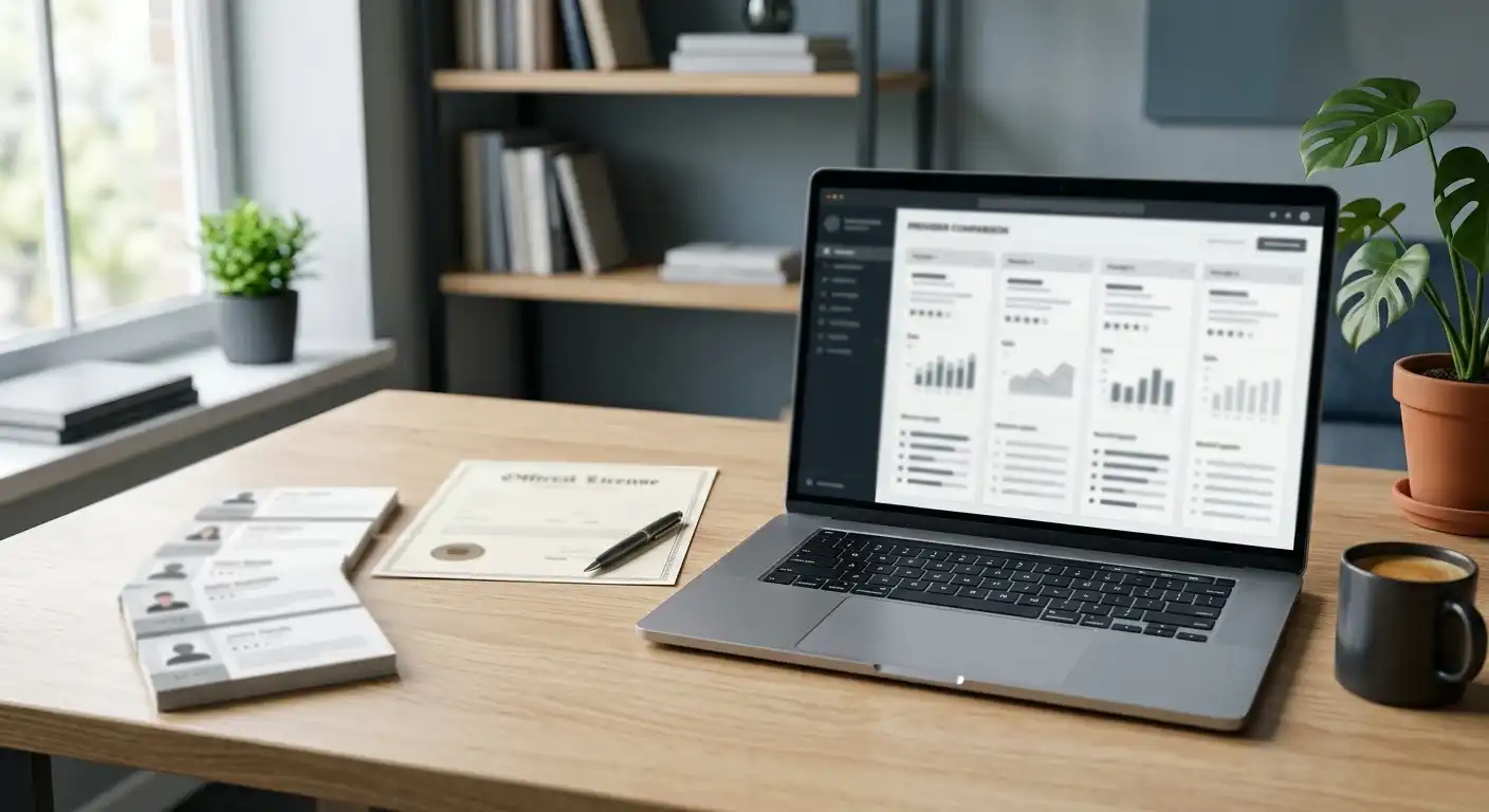 Fünf neutrale Anbieterprofile auf Papier neben einem Laptop ohne Logos