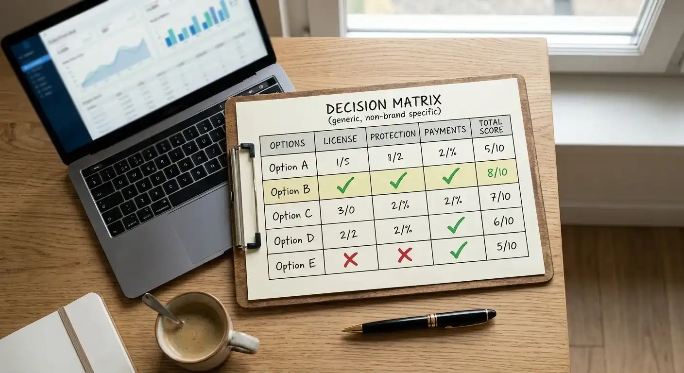 Neutrale Entscheidungsmatrix mit Markierungen für Lizenz, Schutz und Zahlungen