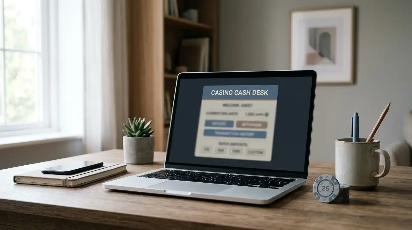 Ein Laptop mit neutraler Casino-Kassenseite und einem Euro-Symbol auf dem Schreibtisch