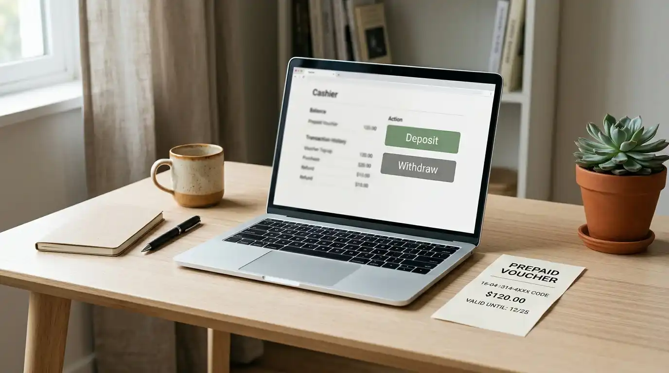Online-Casino mit Paysafecard-Code auf einem Laptop neben einem neutralen Prepaid-Beleg