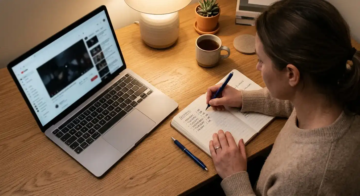Person mit Notizbuch plant Einsatz und Sitzungsgrenze am Laptop