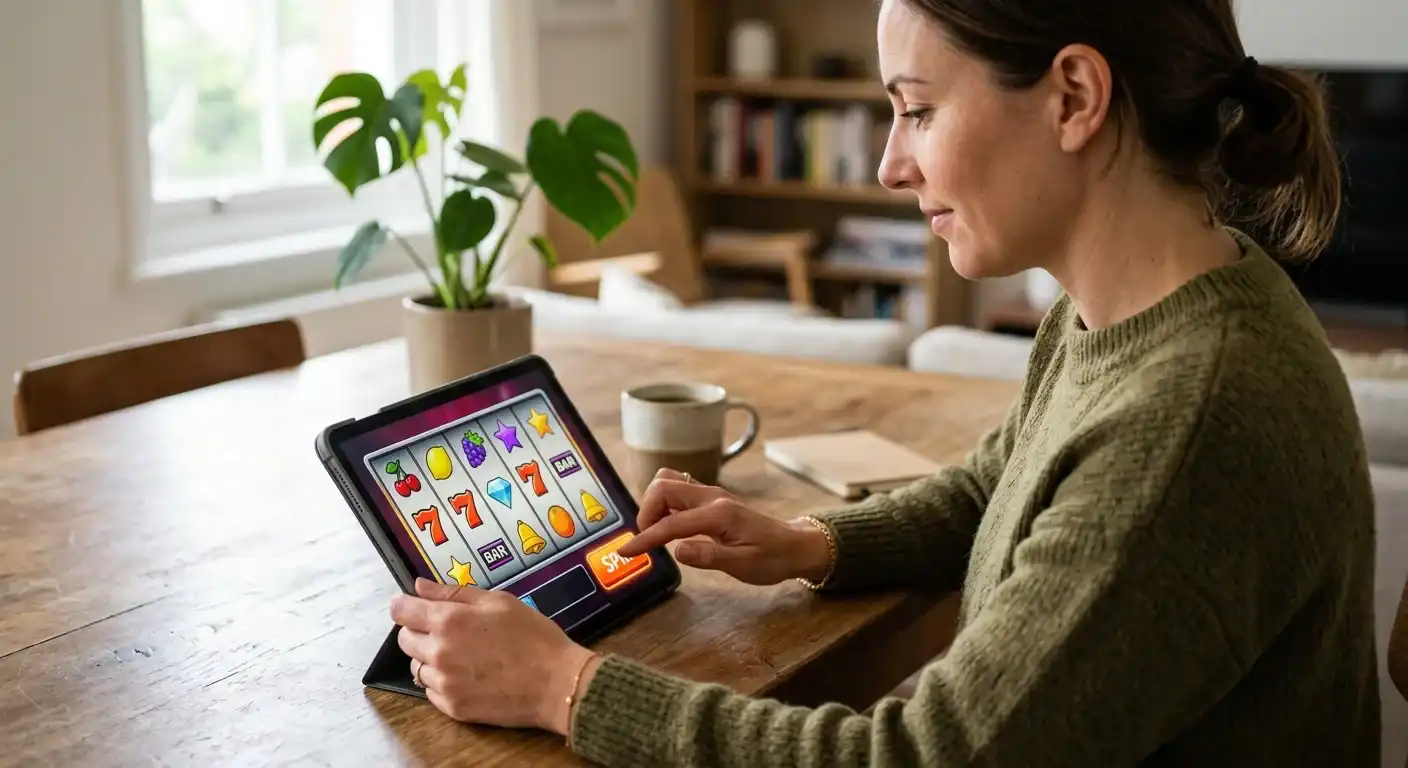 Spieler prüft eine kostenlose Slot-Demo mit neutralen Symbolen auf einem Tablet