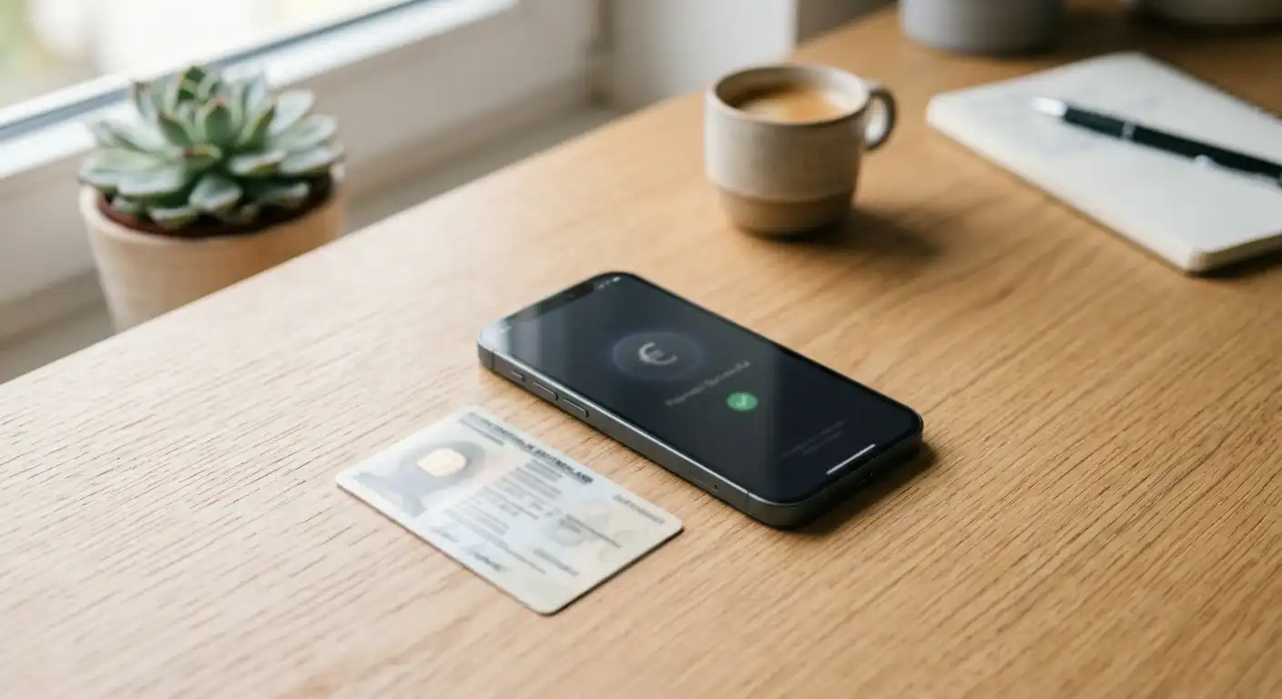 Smartphone mit PayPal-App neben einem Ausweis auf neutralem Hintergrund