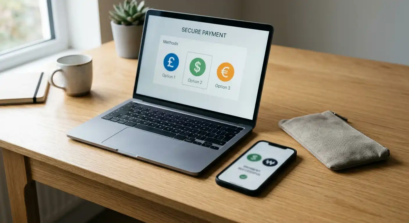Smartphone und Laptop mit neutralen Zahlungsoptionen für kleine Einzahlungen