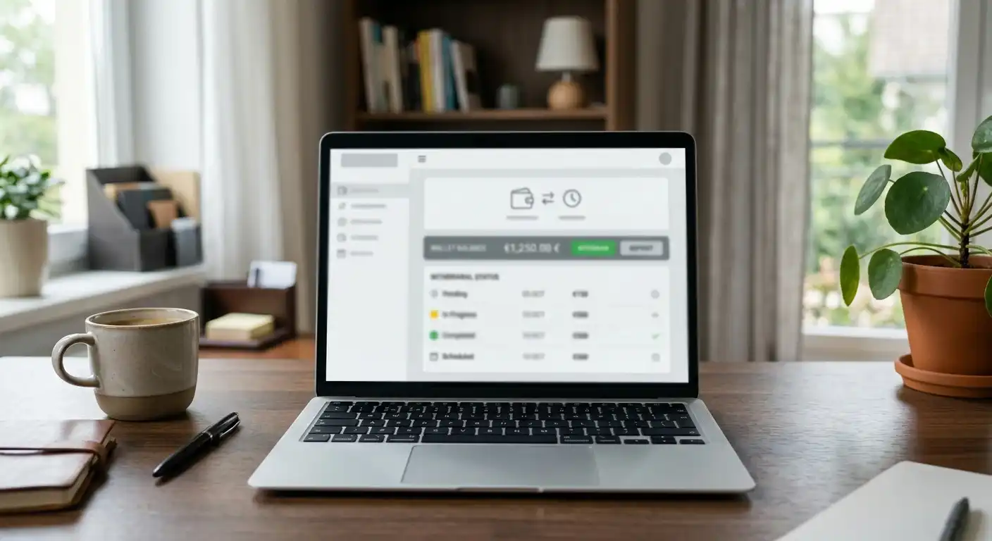 Laptop mit neutralen E-Wallet-Symbolen und Auszahlungshinweisen ohne Markenzeichen