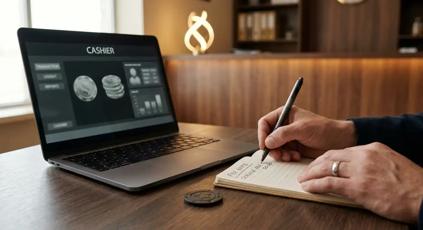 Person mit Notizbuch prüft Gebühren und kleine Einzahlung eines Online-Casinos