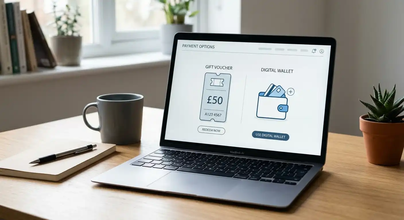 Paysafecard und E-Wallet als neutrale Symbole neben einem sicheren Kassenbereich