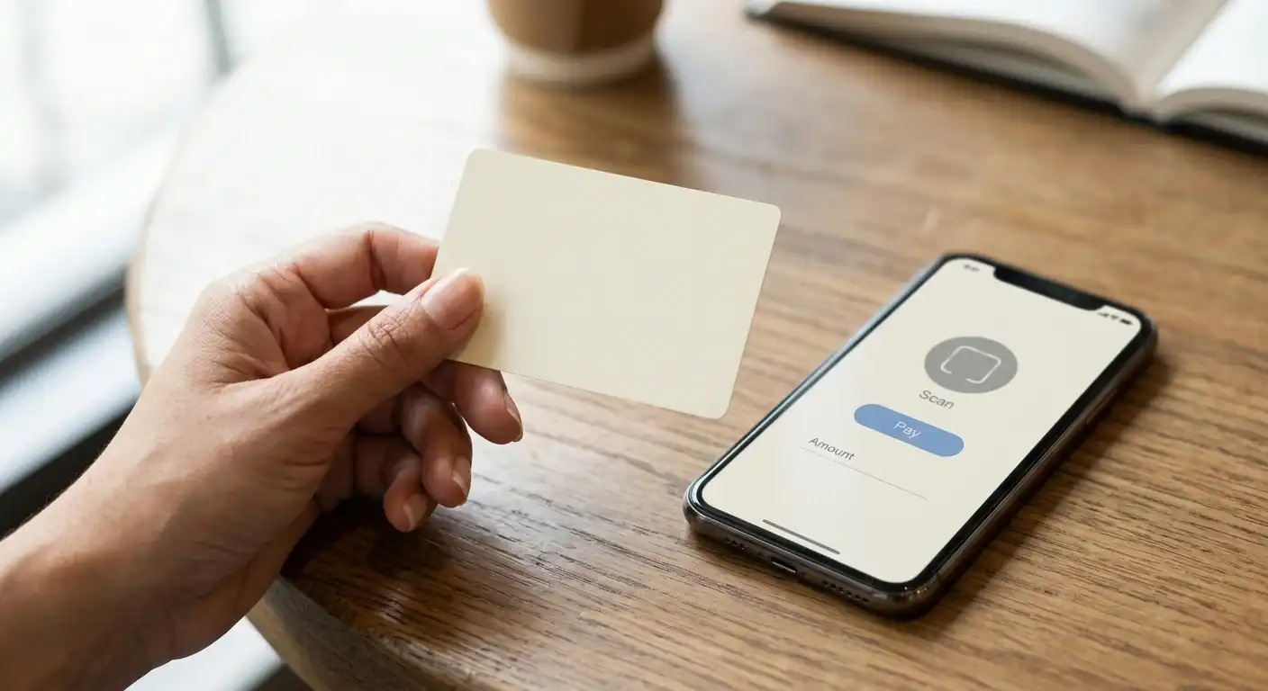 Hand mit neutralem Paysafecard-Beleg neben einem Smartphone ohne Markenlogo