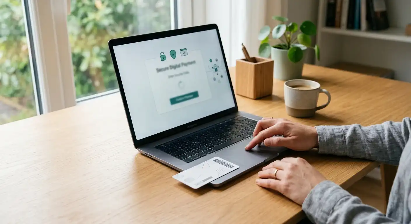 Paysafecard und digitale Zahlungsübersicht auf einem neutralen Laptop