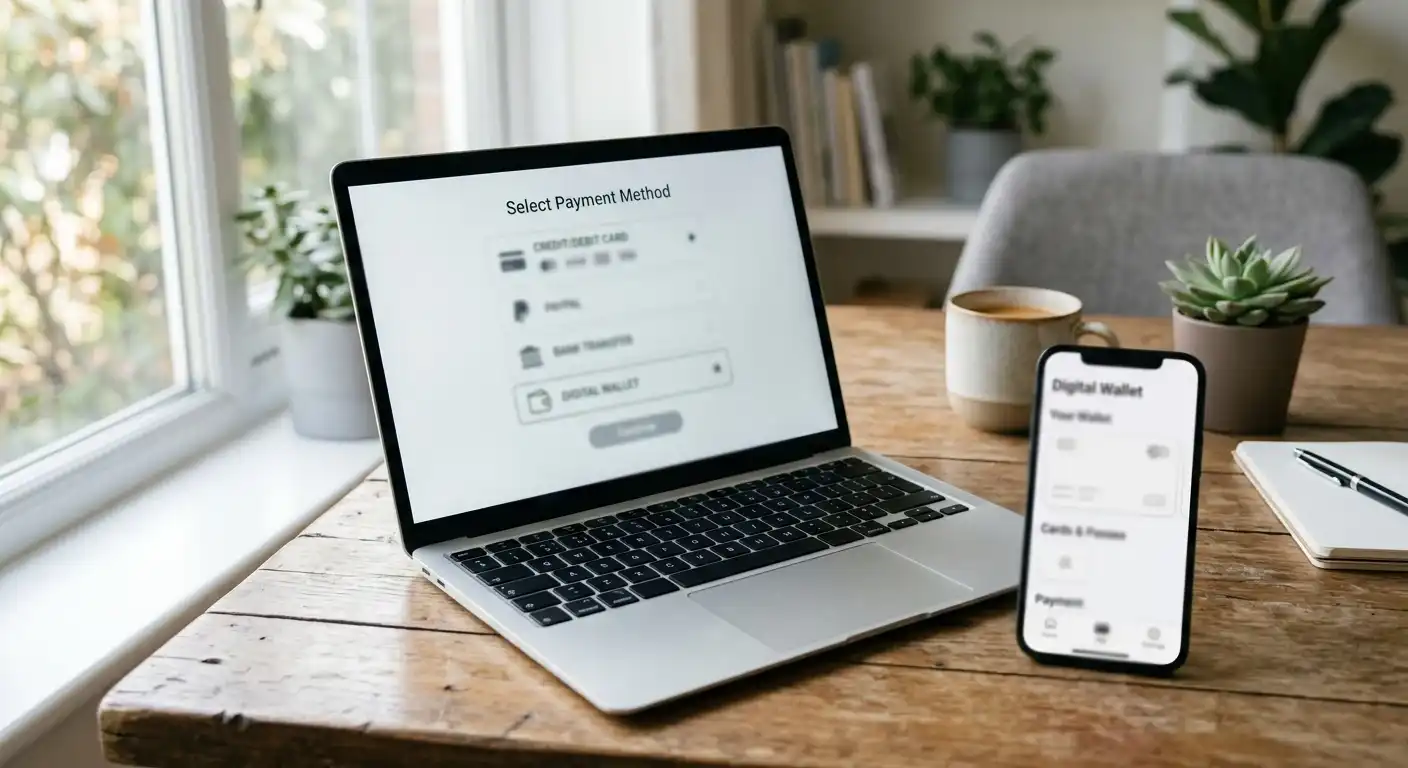 Laptop mit geöffnetem Kassenbereich und neutralem Paysafecard-Wallet