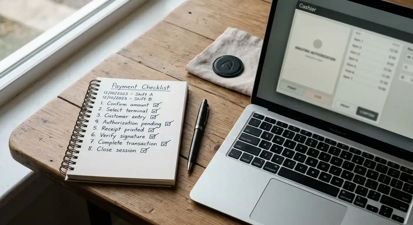 Handschriftliche Prüfliste neben neutralem Wallet-Symbol