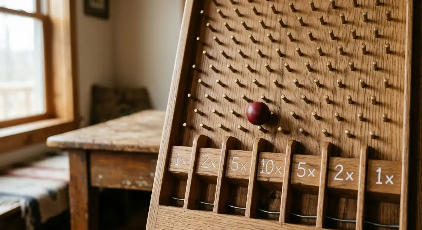 Kugel auf einem Plinko-Brett mit unterschiedlich hohen Feldern