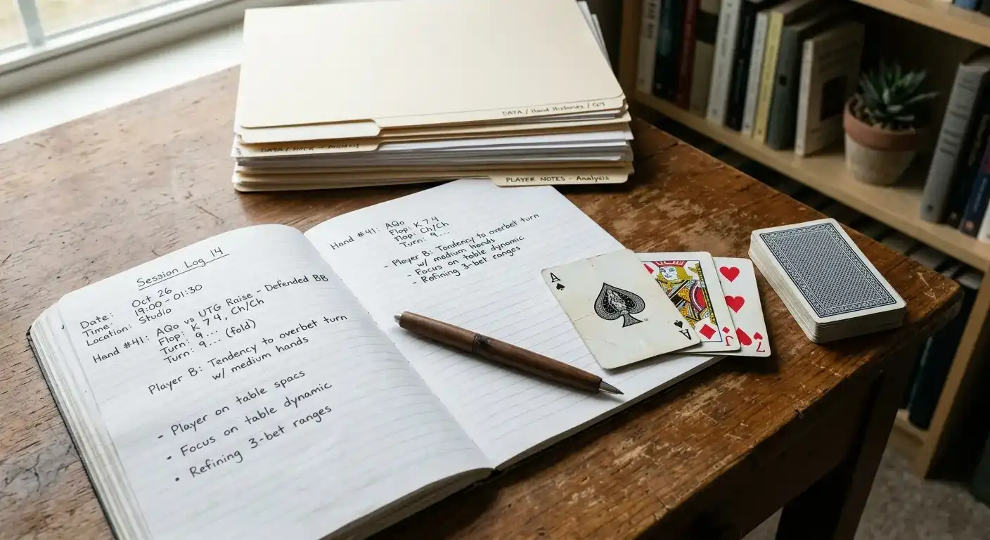 Spielkarten, Notizbuch und geordnete Spielaufzeichnungen auf einem neutralen Schreibtisch