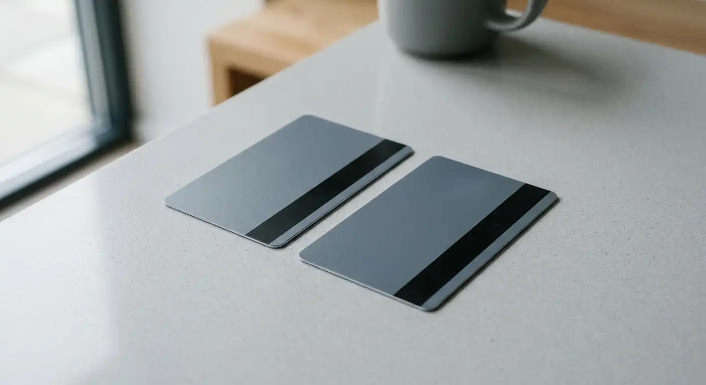 Geschenkkarte und Prepaid-Kartensymbol nebeneinander auf einem Tisch, kein Markenlogo sichtbar