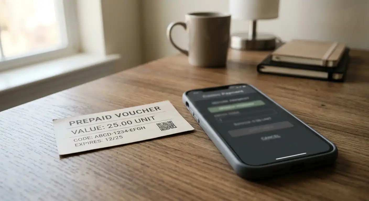 Vorausbezahlter Gutschein neben einem Smartphone ohne erkennbare Marken