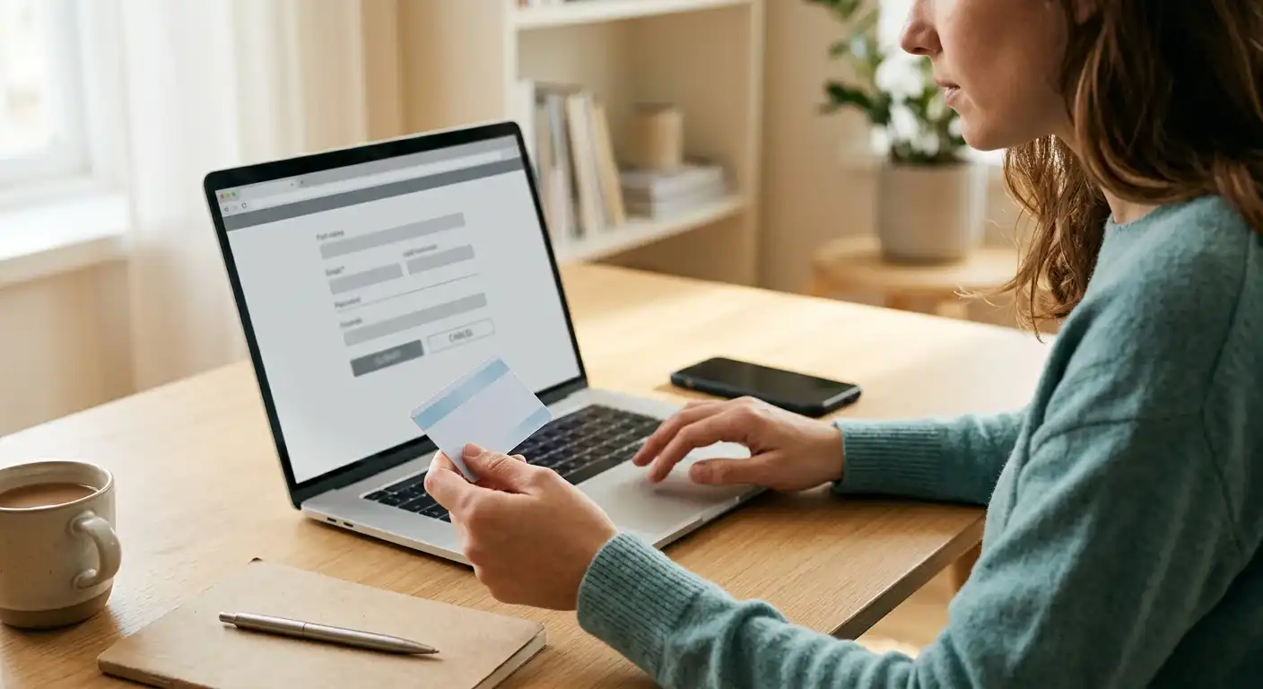 Person am Laptop bei der Kontoeröffnung mit Ausweisdokument für die Verifizierung