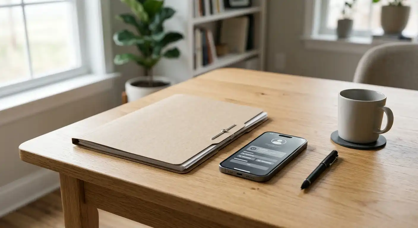 Ordner mit neutralen Identitätsnachweisen und Smartphone auf einem ruhigen Bürotisch