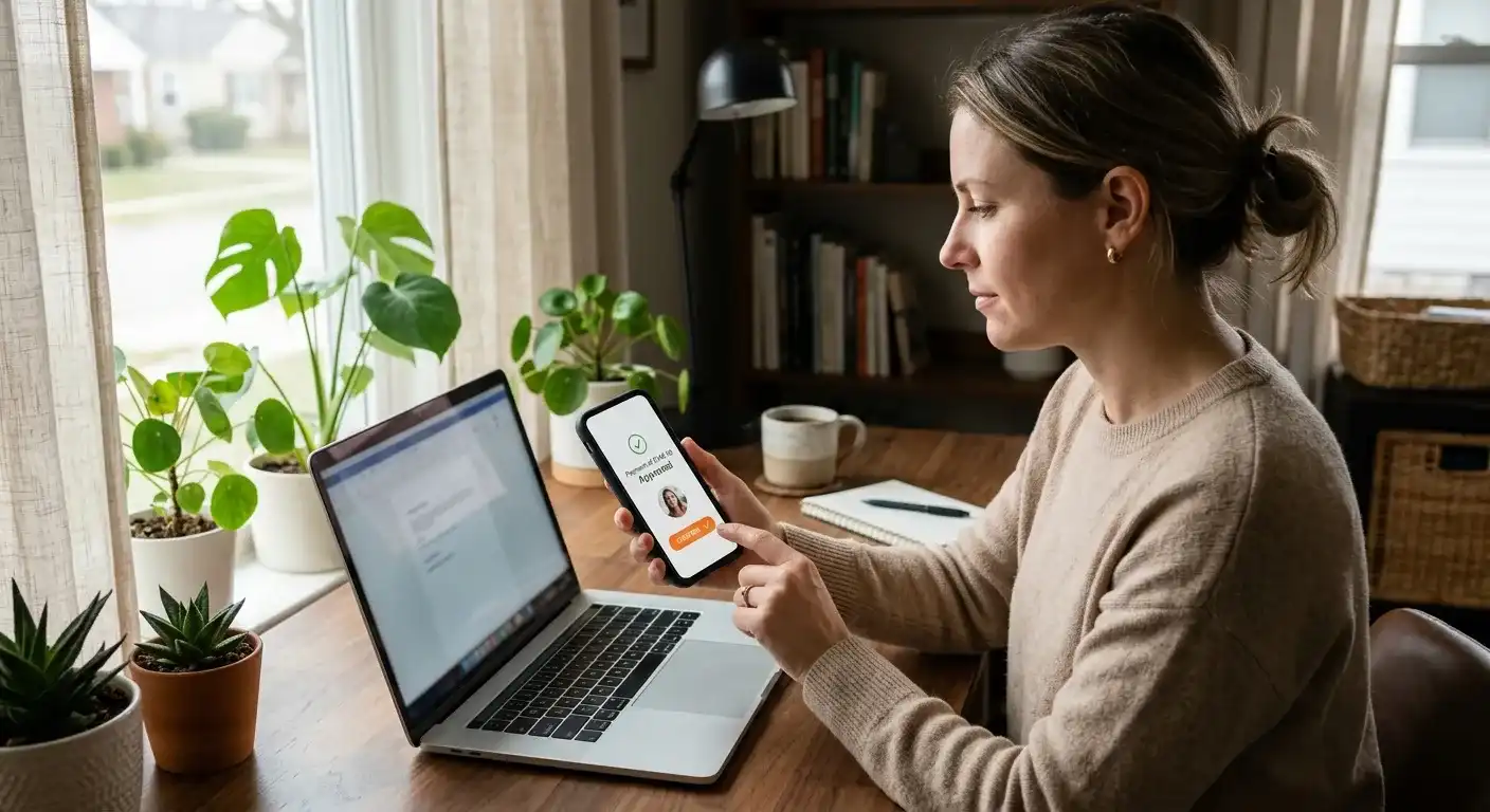 Person bestätigt eine Zahlung am Smartphone neben einem Laptop mit neutraler Kassenansicht