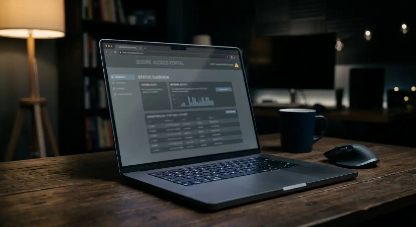Warnschild-Symbol neben einem Laptop mit grauer Casino-Oberfläche auf dunklem Hintergrund