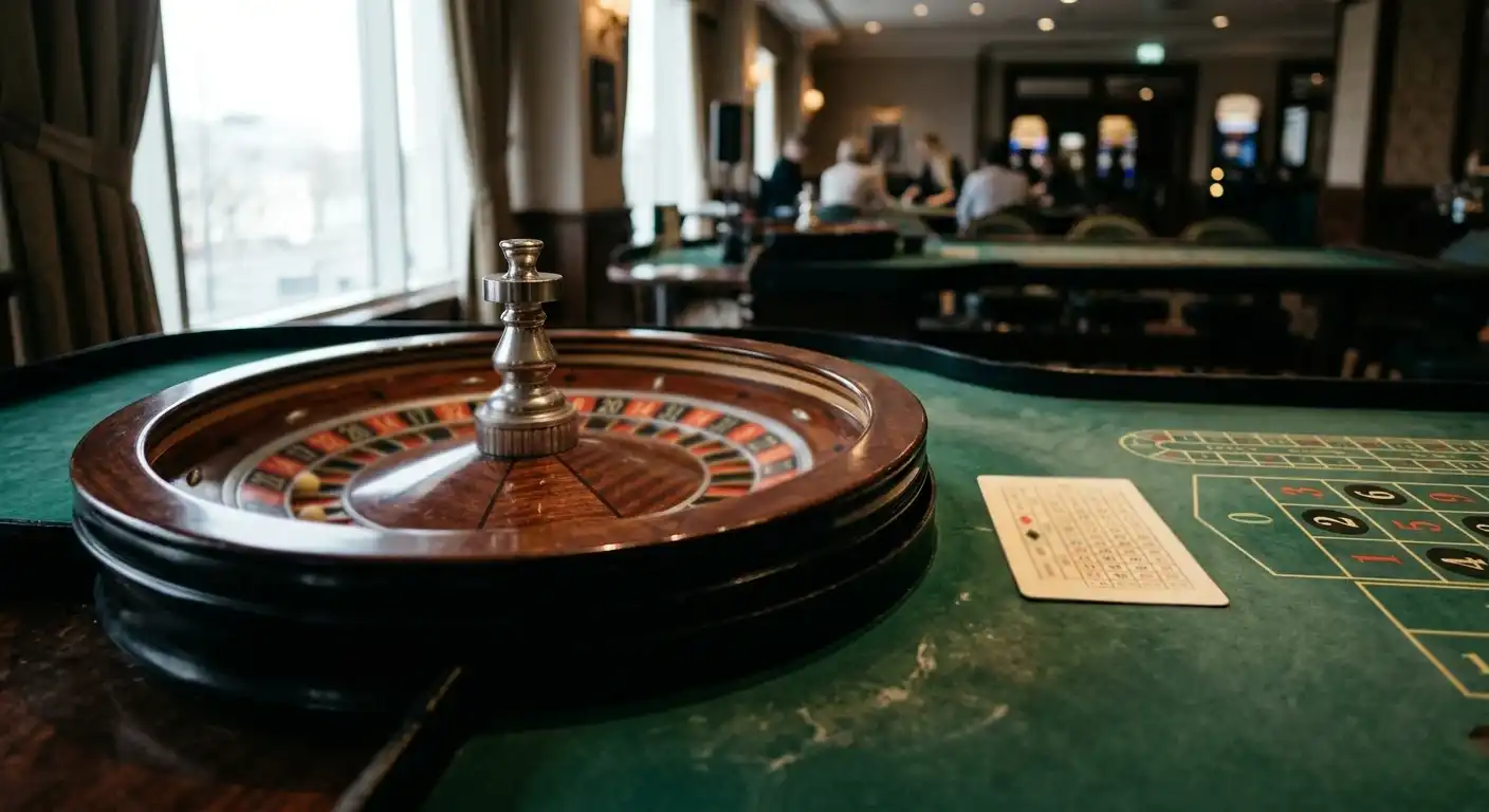 Europäischer Roulettetisch und neutrale Regelkarte ohne Casino-Logo