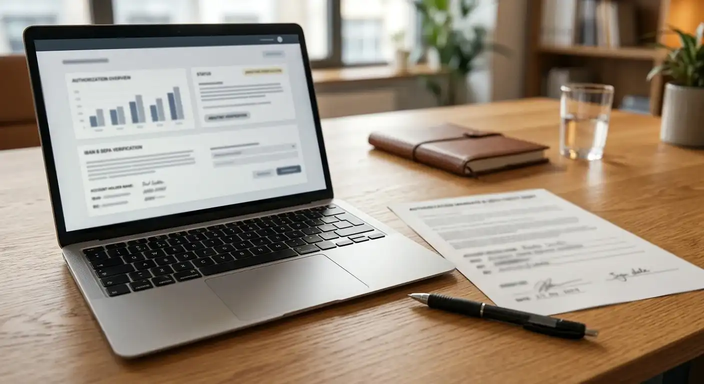 IBAN-Prüfung und SEPA-Mandat neben einem neutralen Laptop