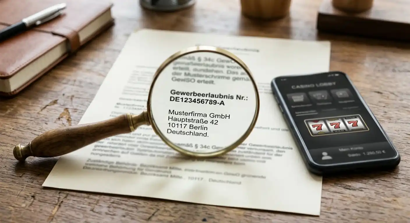 Lupe über einem Smartphone-Display mit Casino-Logo und Lizenznummer