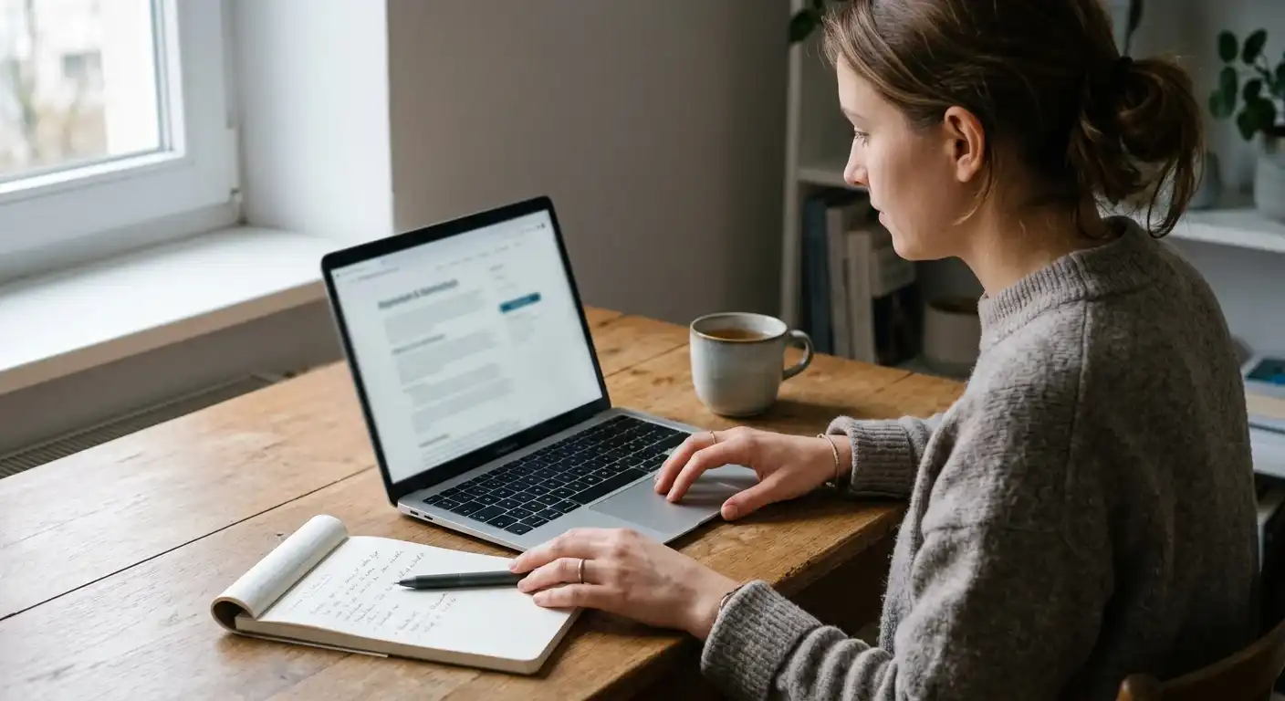 Person prüft Impressum und Datenschutz auf einem Laptop mit Notizblock
