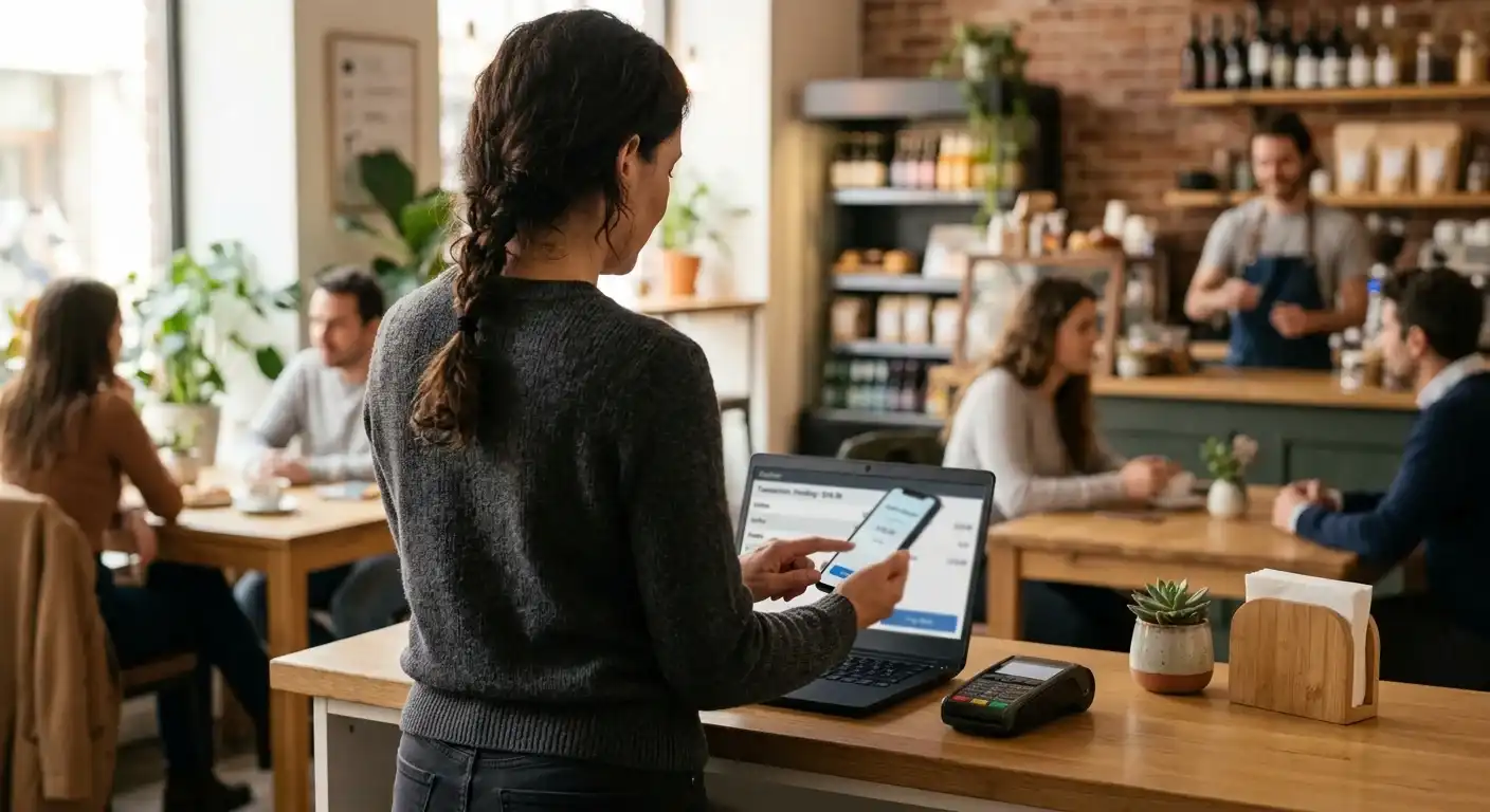 Person bestätigt eine Skrill-Zahlung am Smartphone neben einem neutralen Laptop-Kassierer
