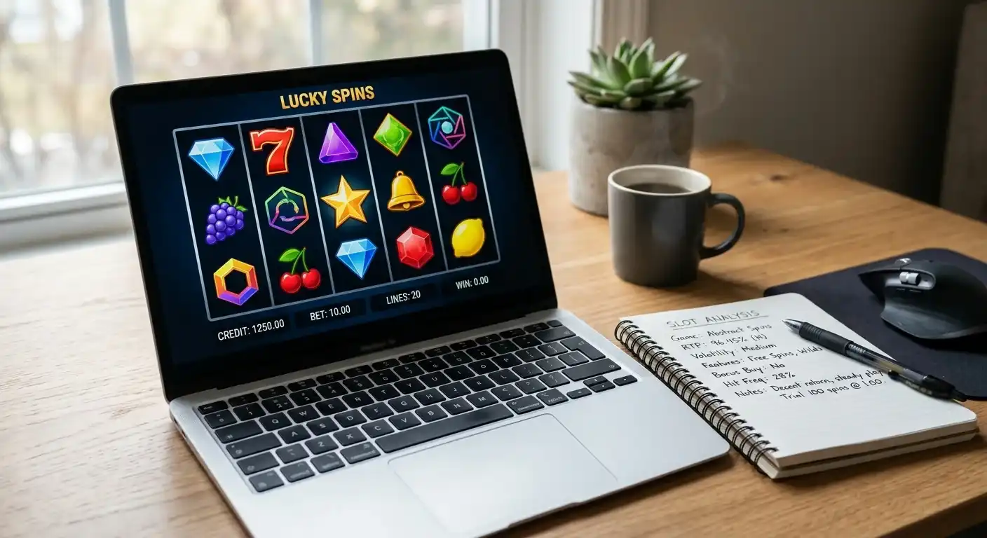 Generische Slot-Symbole ohne Branding auf Monitor-Display