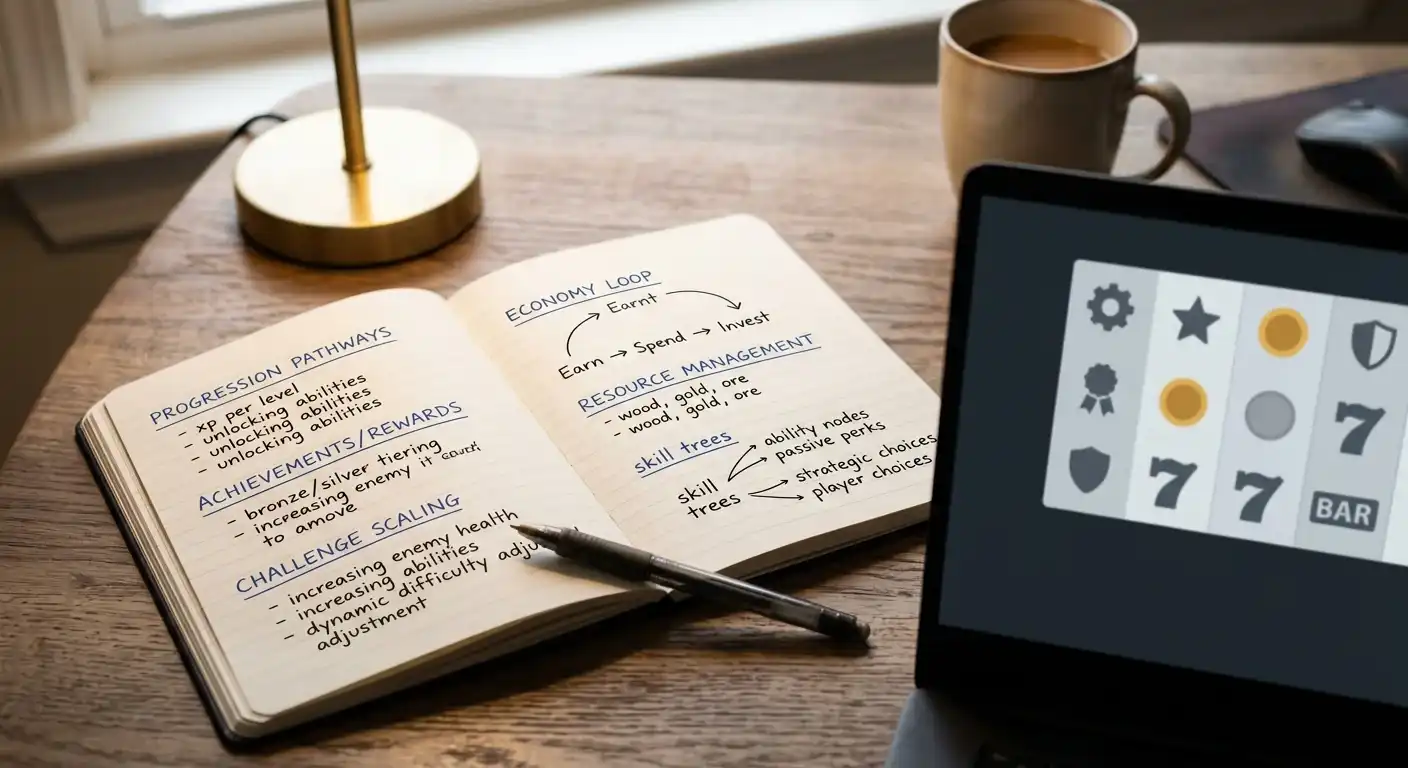 Notizbuch mit RTP-, Volatilitäts- und Bonusbegriffen