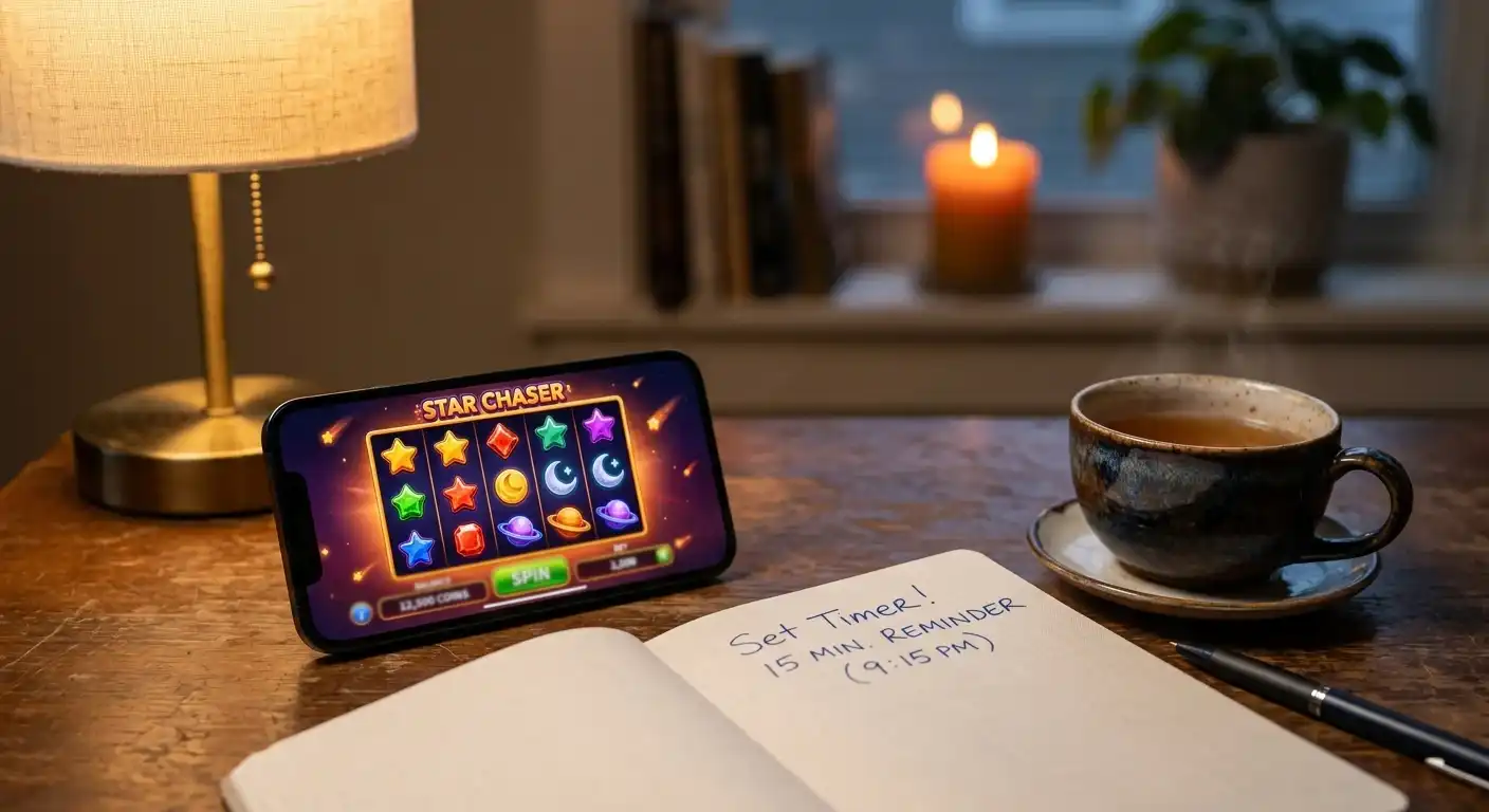 Smartphone mit Spielautomat und Notizbuch für Spielpausen