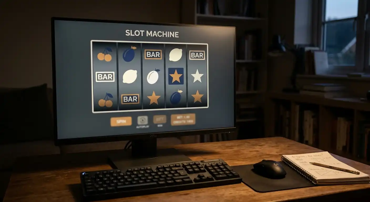 Spielautomat mit neutralen Walzensymbolen auf einem Bildschirm