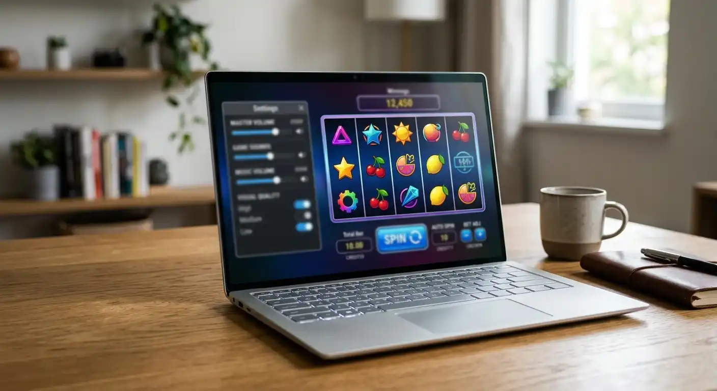 Laptop mit neutralen Automatenspiel-Symbolen und mehreren kleinen Einsatzstufen ohne Markenhinweise