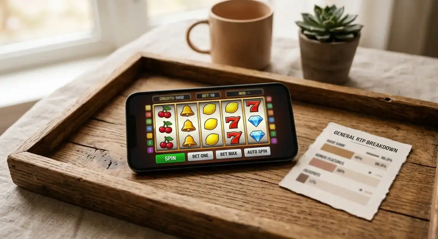 Smartphone mit geöffneter Slot-Übersicht und Detailangaben zu RTP und Volatilität