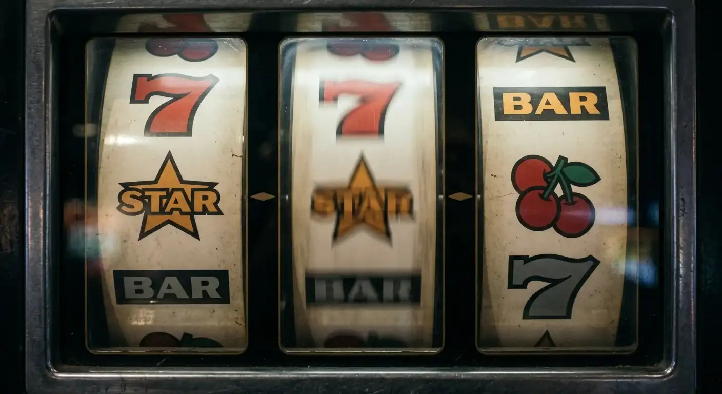 Nahaufnahme rotierender Walzensymbole eines Spielautomaten ohne erkennbares Markenzeichen