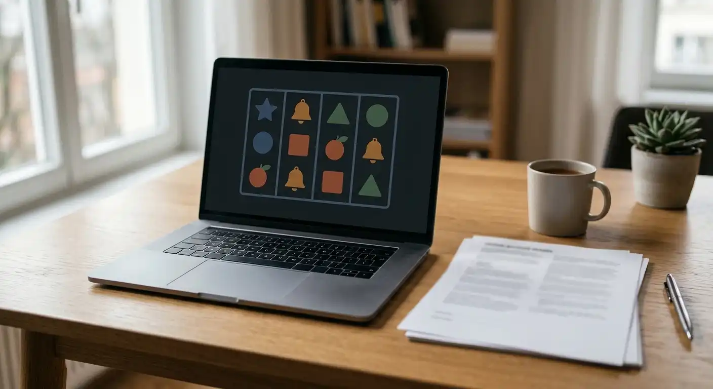 Laptop mit neutralen Spielautomaten-Symbolen und einer danebenliegenden Auszahlungsliste