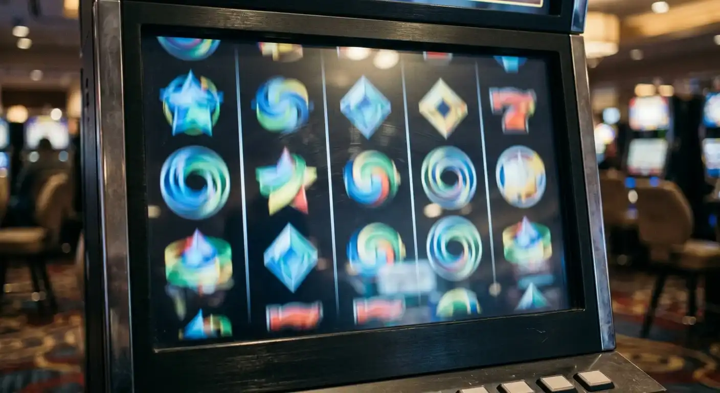 Neutrale Walzen eines Spielautomaten ohne erkennbare Marke auf einem Bildschirm