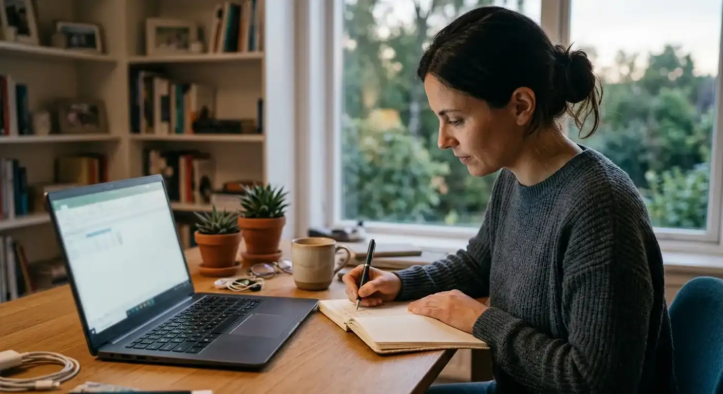 Person mit Notizbuch und persönlichem Spielerschutzplan am Laptop