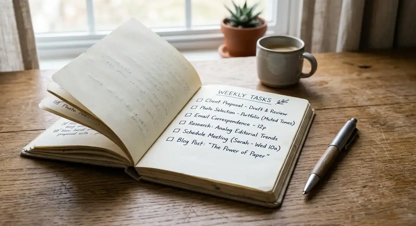 Notizbuch mit handschriftlichen Stichpunkten zur eigenen Spielkontrolle