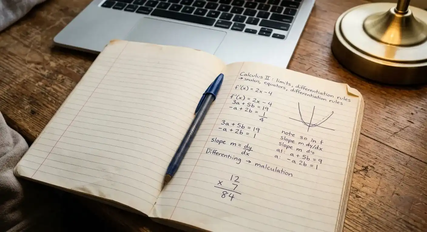Notizblock mit handschriftlicher Rechnung zu Umsatzbedingungen neben einem Laptop