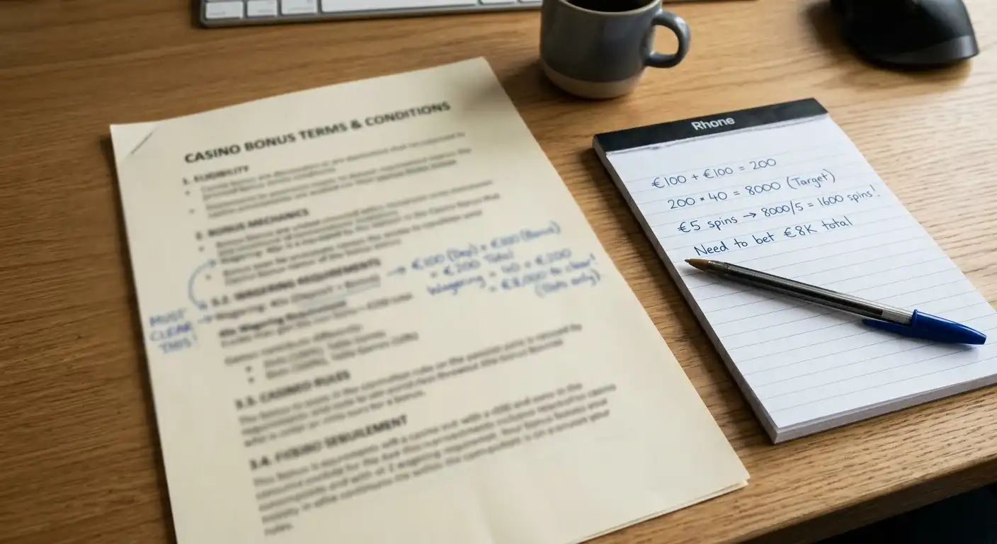 Dokument mit Umsatzbedingungen und Taschenrechner-Notizen auf Schreibtisch