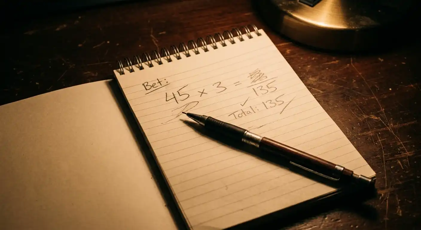 Notizblock mit handschriftlicher Berechnung der Umsatzbedingungen eines Bonus ohne Einzahlung