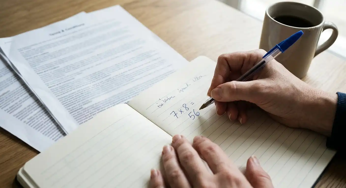 Person rechnet Umsatzbedingungen mit Stift auf einem Notizblock nach