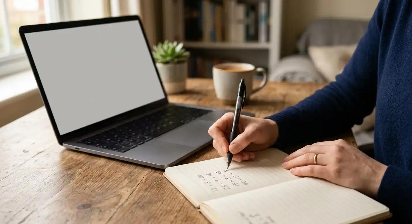 Handschriftliche Notizen zu einer Umsatzbedingung auf Papier neben einem Laptop